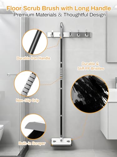 3 in 1 Floor Scrub Brush with Long Handle 55" Push Broom Stiff Bristle Scrubber Brush Squeegee Scrape & Detachable V-Grout Brush for Bathroom Kitchen Tile Deck Patio Garage Concrete Wall Cleaning Tool