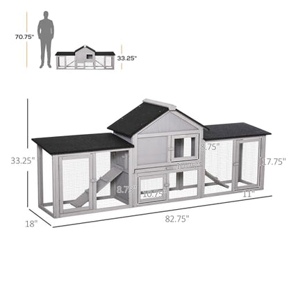 PawHut 83" L Outdoor Rabbit Hutch with Double Runs, Large Guinea Pig Cage Indoor, Wooden Bunny Hutch with Weatherproof Roof, Removable Tray, Ramps, Gray - color: Gray