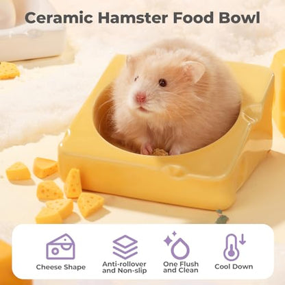 Hamster Food Bowl - Ceramic Guinea Pig Bowl Chew-Proof 4.3in | Small Pet Anti-Turning Food & Water Feeding Dish for Rabbit, Gerbils, Mice, Rats, Chinchillas -Cute Cheese-Shaped - color: white