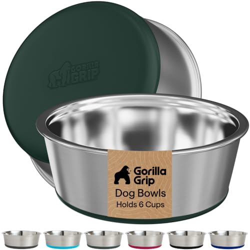 GORILLA GRIP Dog Bowls, Food Grade 304 Stainless Steel, Holds 6 Cups Each (48 fl oz) Food and Water Bowl for Feeding Dogs and Cats, Dishwasher Safe, Rust Resistant, BPA Free Rubber Base Set of 2 Green - color: Hunter Green, size: 6 Cup (48 Oz)