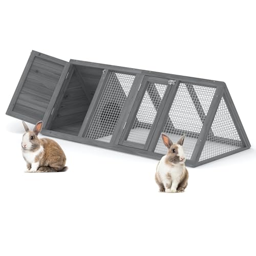 Rabbit Hutch, Small Chicken Coop Outdoor A-Frame Quail Cage with 2 Door & Run Cage Wooden Triangle Quail Hutch with Ventilating Wire Poultry Hutch for Small Animal (Gray) - color: Gray