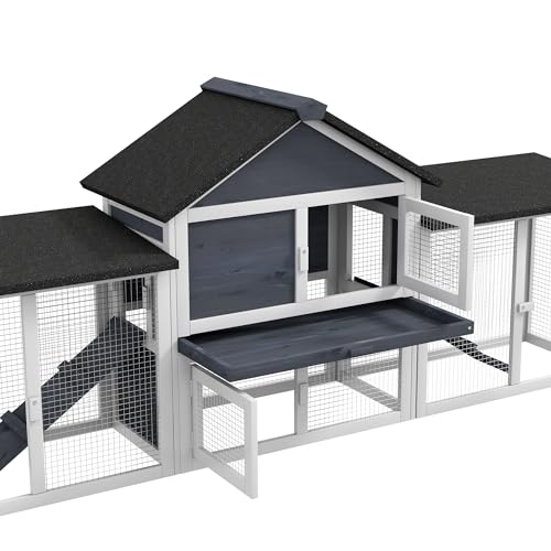 PawHut 83" L Outdoor Rabbit Hutch, Guinea Pig Cage Indoor Outdoor Wooden Bunny Hutch with Double Runs, Weatherproof Roof, Removable Tray, Ramps, Dark Gray - color: Dark Gray