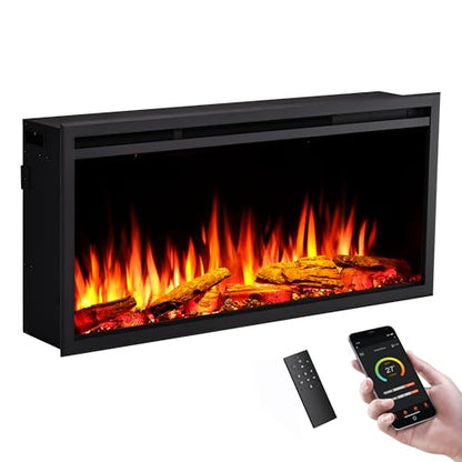 LegendFlame 40" W Smart Wall Mount & in Wall Recessed Electric Fireplace Insert, Heater 750W/1500W, Multi Colors of Flame & Fuel Bed, Alexa/Google Assistant Enabled - size: 40" DEEP