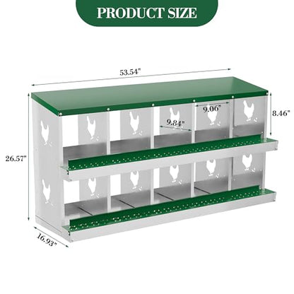 Chicken Nesting Box,10 Compartments Galvanized Steel Metal Chicken Laying Box with Roll Out Egg Collection,Wall Mount Chicken Nesting Boxes,Easy Egg Collection, Hen Roosting Boxes - color: Green, size: 10 Holes