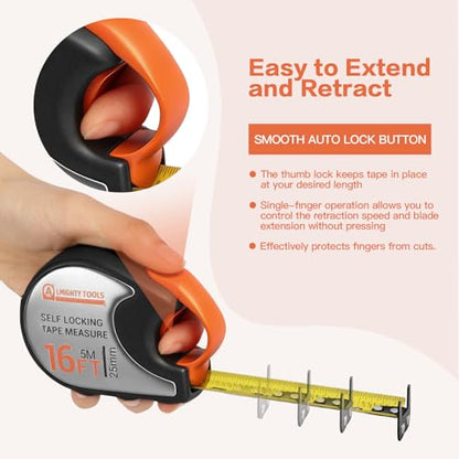 Tape Measure 16ft/5m Self-Locking, Retractable Tape Measure with Fractions, Imperial/Metric Scale, Magnetic Hooks, Rubber + Stainless Steel Case for Home, Construction & DIY (16ft self-Locking) - size: 16ft self-locking