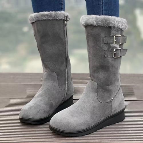 Women's Mid Length Boots Suede Snow Boots Metal Buckle Furry Wedges Booties Outdoor Thick Insulation Warm Plus Fleece shoes - color: Grey, size: 9