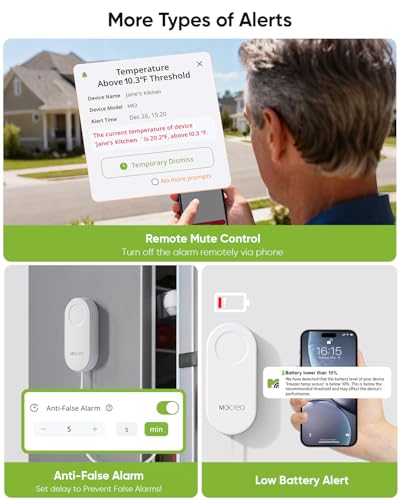 MOCREO WiFi Thermometer Freezer Alarm, Email Alert, App Notification, Data Record Export, No Subscription Fee, 2 Remote Wireless Temperature Sensors for Refrigerator, Freezer, Hot Tub - style: 1 No LCD Hub + 2 Sensors