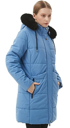 MOERDENG Women's Winter Puffer Coat Thicken Fleece Lined Down Jacket Waterproof Faux Fur Detachable Hooded Parka - color: Denim Blue, size: Medium