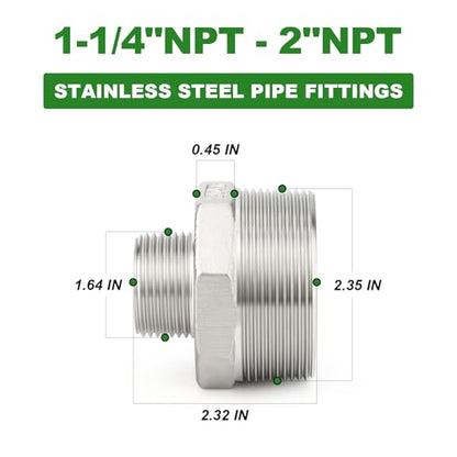 TAISHER 2PCS Cast 304 Stainless Steel Hex Nipple, Reducer Pipe Fitting 2" NPT Male x 1-1/4" NPT Male - size: 2" NPT x 1-1/4" NPT