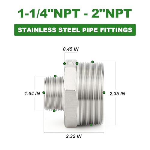 TAISHER 2PCS Cast 304 Stainless Steel Hex Nipple, Reducer Pipe Fitting 2" NPT Male x 1-1/4" NPT Male - size: 2" NPT x 1-1/4" NPT