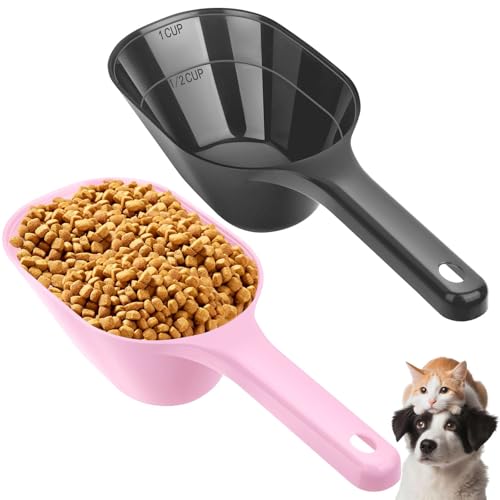 2 Pack Dog Food Scoop, 1 Cup Pet Food Scoop With Measuring Lines (Black and Pink) - color: Black and Pink