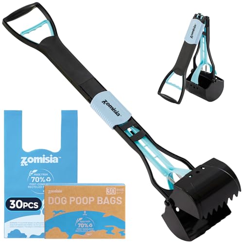 ZOMISIA 32" Pooper Scooper with Waste Bags - Poop Scooper for Large Dogs with Long Handle High Strength Material and Durable Spring for Yard, 30 Count Poop Bags - size: 32 Inch