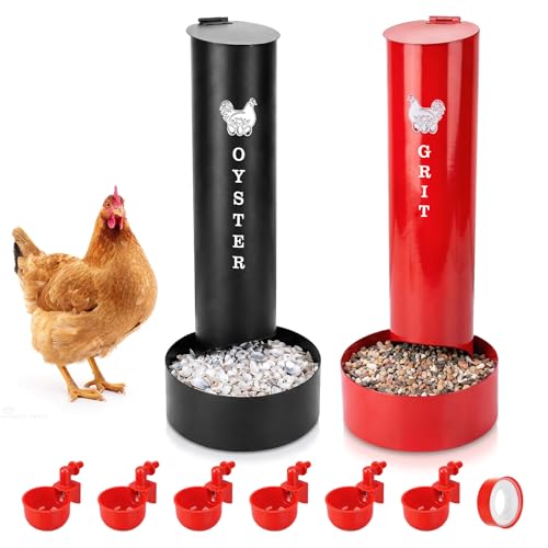 Chicken Oyster Shell Feeder and Grit Feeder and 6 Pcs Automatic Chicken Waterer Cup, Metal Hanging Poultry Feeders and Plastic Poultry Water Cup, Coop Accessories, Black+Red