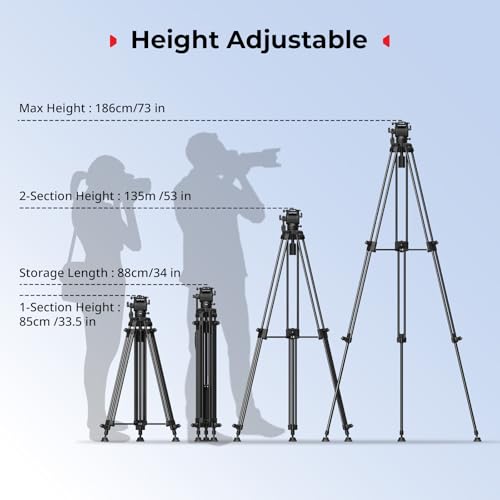 SMALLRIG 73''/186cm Heavy Duty Aluminum Alloy Video Tripod, Max Load 8kg (18lbs), Fluid Head with +85° to -78 Tilt Range, Compact Travel Tripod Weight 3.1kg(6.8lbs), Folded Height 88cm, AD-14