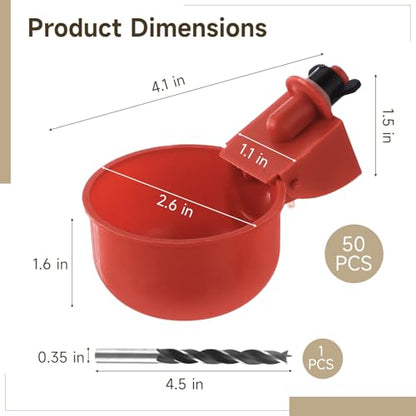 50 Pcs Chicken Water Cups, Automatic Poultry Waterer Kit with Drill Bit & Teen Fittings, No Leak Chicken Watering System for Bucket, Poultry Drinkers for Ducks, Turkeys