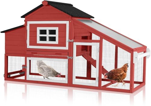 Chicken Coop with Wheels, Mobile Outdoor Chicken House with Leakproof Pull-on Tray, Nesting Box, Waterproof Roof - Red - color: Red