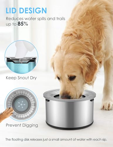 Heouvo 1 Gallon Large Dog Water Bowl No Spill,【Anti Digging Lid & Rubber Bottom】 Spill Proof Dog Bowl, Anti Splash Mess Dripless Slow Drinking Stainless Steel Water for Sloppy Messy Drinkers Car - color: Gray, size: 3.8L