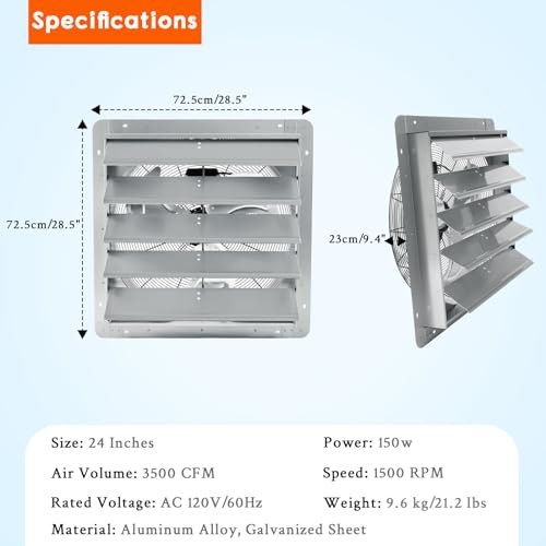 Garvee 24 In Shutter Exhaust Fan, Wall Mounted Shutter Exhaust Fan Aluminum, 3500 CFM High Speed Louvered Vent Fan with Automatic Shutter for Garage, Attic, Workshop, Greenhouse - size: 24 In