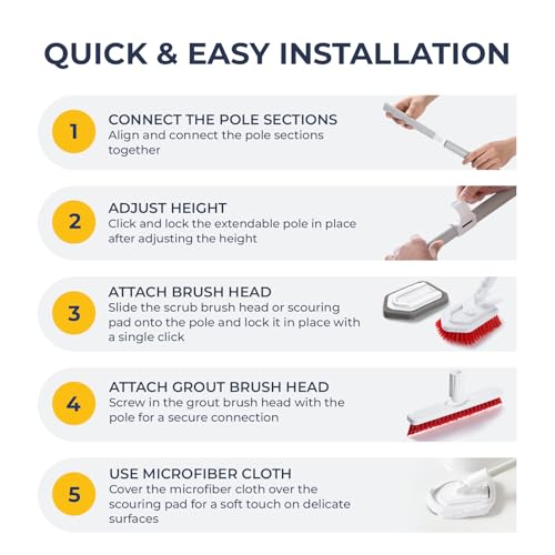 Shower Scrubber with Long Handle, Stiff Bristles Grout-Brush, Tub Scrub-Brush with Long-Handle, Shower-Cleaner Brush, Grout Cleaning Brush for Tile floors, Scouring Pad & Microfiber Cloth for Bathroom - color: White