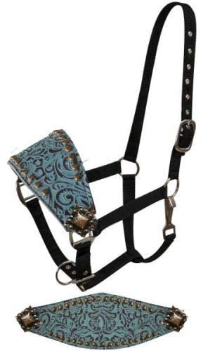 Showman Bronc Halter w/Teal Filigree Print Leather Noseband