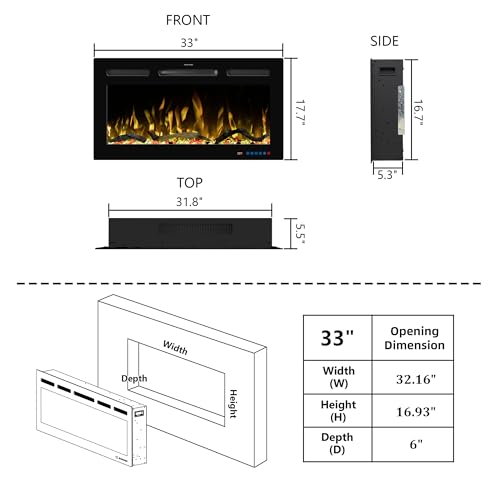 33" WiFi Electric Fireplace Inserts, Recessed and Wall Mounted Fireplace Heater W/Adjustable Flame Color & Brightness, Thermostat, 9H Timer, App and Remote Control, 750/1500W - size: 33" WiFi