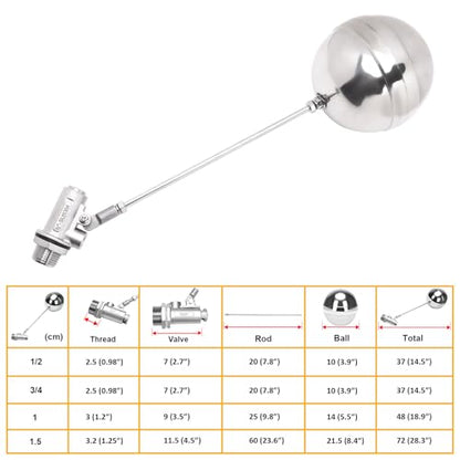 Stainless Steel Float Ball Valves - 1/2" NPT Male Thread Flow Control Float Sensor Valve Automatic Water Level Control Float For Tank Pond Water Tower (pack of 2) - size: 0.5 Inch
