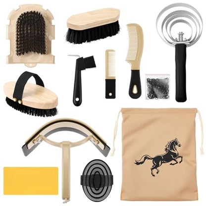 Abbylike 12 Pieces Horse Grooming Kit Racing Festival Tack Room Supplies Horse Brush Sets Equine Care Cleaning Kit Shedding Grooming Massaging Tools(Black) - color: Black