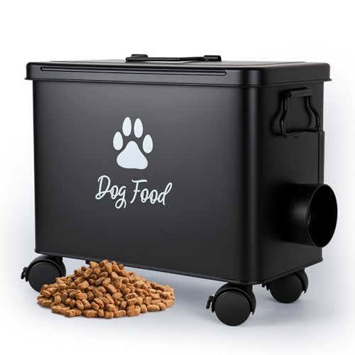 Dog Food Container 13lb, Cute Airtight Pet Food Storage Containers with Metal Lid Scoop, Black Metal Storage Bin for Dog/Cat with Wheels,Easy to Move - color: Black-L