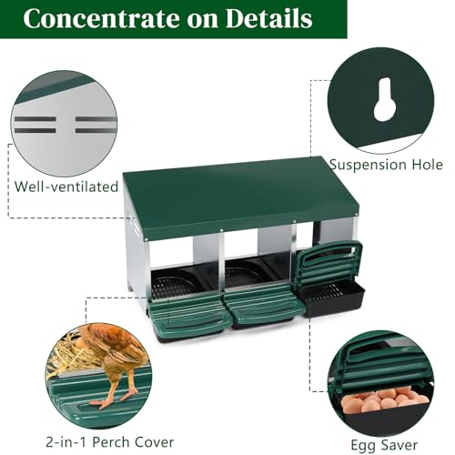 VINGLI Chicken Nesting Box, 3-Compartment Nesting Boxes for Hens Roll-Out with Plastic Baskets, Chicken Coop Laying Box (Green) - color: Green, size: 3 Compartment