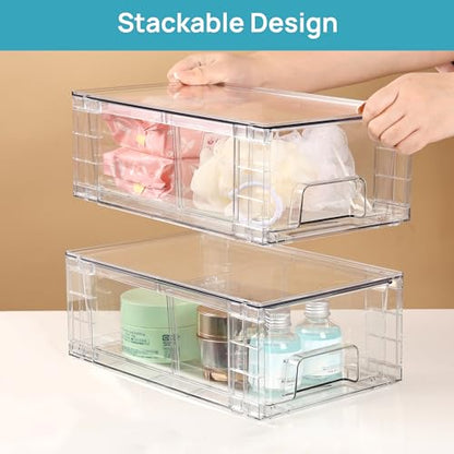 Vtopmart 10 Pack Stackable Storage Drawers,Clear Acrylic Drawer Organizers with Handles, Easily Assemble Containers for Fridge, Bathroom,Kitchen Undersink,Cabinet,Pantry Organization and Storage - size: 10Pack 4.4"H-with Dividers