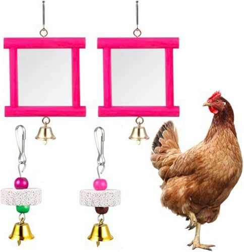 Chicken Toy Mirror - Hanging Swing Mirror with Bell & Molar Grinding Stones - Chicken Toys for Hens, Roosters & Parrots - Coop Accessories for Pecking & Beak Care (Pink-2 PCS) - color: Pink-2 PCS
