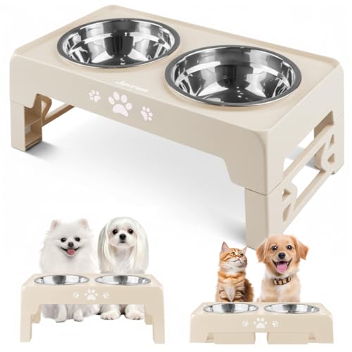 Jovrun Elevated Dog Bowls for Small Dogs and Cats, Non-Slip Cat Bowls with 2 Thick 5.5" Stainless Steel Dishes, Dog Feeder 2 Heights Adjustable to 2.6"-5.3" - color: Beige, size: for Small Dogs and Cats 2 Basic Bowls