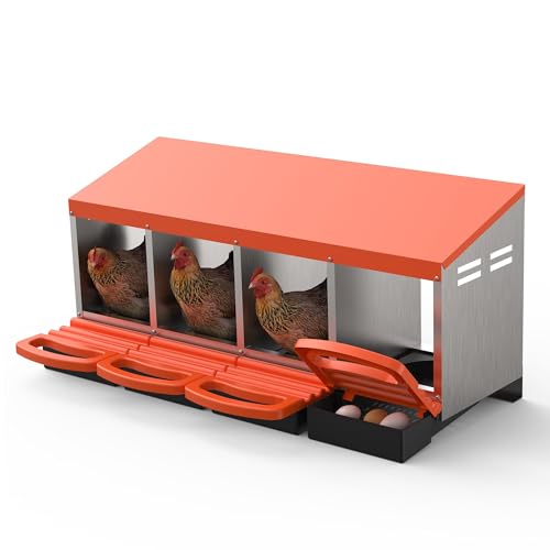 Metal Chicken Nesting Box with Easy-Collect Tray & Lid – 3/4/2x2 Compartment Heavy Duty Roll Away Nesting Boxes for Chickens, Wall Mount or Freestanding, Galvanized Steel Hen Laying Box for Coop - color: Orange, size: 4 Holes