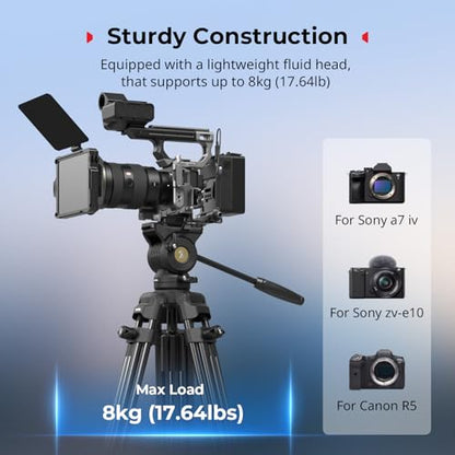 SMALLRIG 73''/186cm Heavy Duty Aluminum Alloy Video Tripod, Max Load 8kg (18lbs), Fluid Head with +85° to -78 Tilt Range, Compact Travel Tripod Weight 3.1kg(6.8lbs), Folded Height 88cm, AD-14