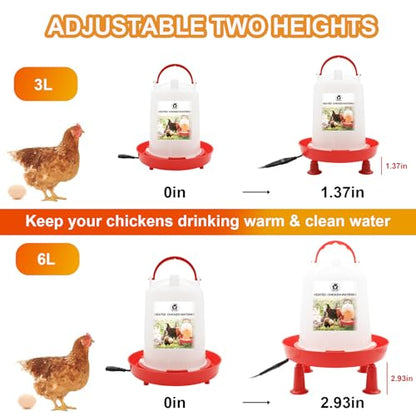 6L Heated Chicken Waterer for Winter Chicken Water with Heater Adjustable Leg Support 35W BPA-Free Heated Poultry Waterer Heavy Duty All in One Heated Waterer for Chicken Coop