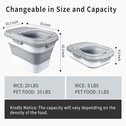 Komzon Rice Storage Container, Collapsible Airtight Food Storage Containers 6-20 Lbs, Rice Dispenser with Measuring Cup and Small Bin for Flour Cereal Pasta Grain, Cat Pet Dog Bird Food Container - color: Gray
