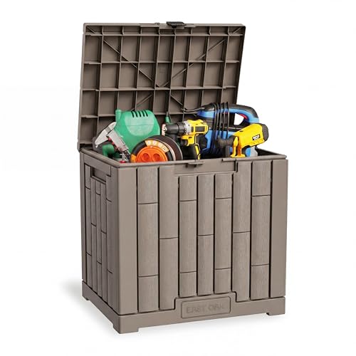 EAST OAK Outdoor Storage Box, 31 Gallon Deck Box, Waterproof Resin Storage Bin for Patio Cushions, Gardening Tools, Accessories, Lockable, UV Resistant, Brown - color: Brown, size: 31 Gallon