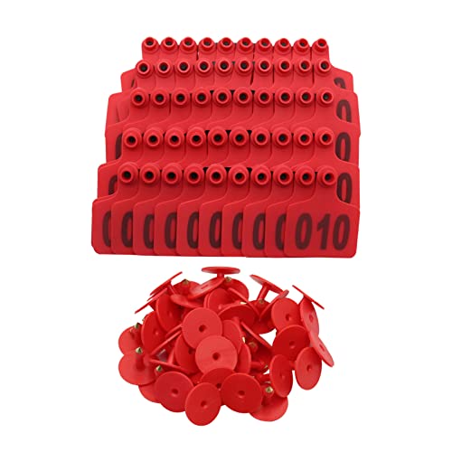 100PCS Cattle Ear Tags Numbered 001-100, Plastic Livestock Animal Ear Tag for Cows Goats Sheep Pigs Animal Identification Earring Tagger (Red) - color: Red
