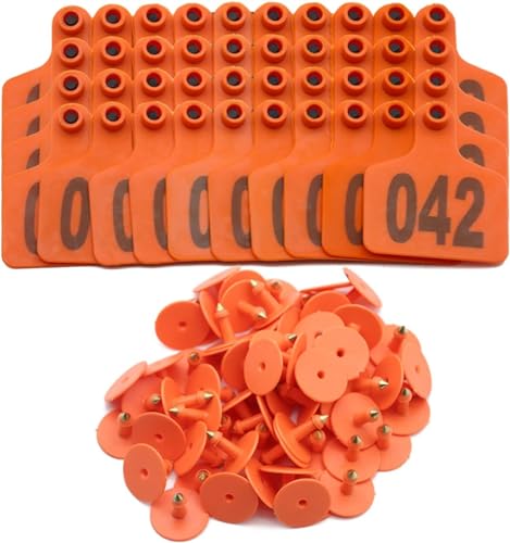 KaDdu 100PCS Cattle Pigs Ear Tags Numbered 001-100/101-200/201-300/301-400/401-500 Plastic Livestock Animal Ear Tag for Cows Goats Pigs 301-400 Orange - color: Orange, size: 301-400