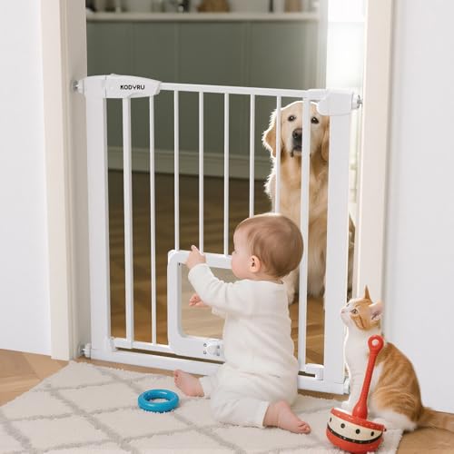 Baby Gate with Cat Door, 30" Tall Dog Gate with Cat Door Indoor, Adjustable Baby Gate for Doorways, Pressure Mounted Walk-Through Gate with Auto-Close & Double Lock, Fits 29.7-45.2 Inches - color: White, size: Wide (29.7-45.2 Inches)