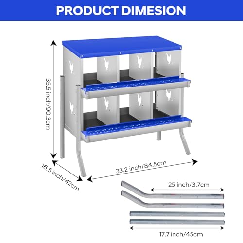 6 Compartment Chicken Nesting Boxes, Metal Roll Away Egg Laying Boxes with Removable Tray & Lid Cover, Chicken Coop Nest Box for Hens, Egg Protection Design (with Legs) Blue - color: Blue, size: 6 hole - with leg