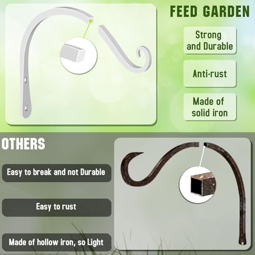 FEED GARDEN Heavy Duty Plant Hooks - 2 Pack 8 Inch Wall Mounted Hanging Brackets, 44lb Capacity Steel Plant Hangers for Bird Feeders, Baskets, Wind Chimes -White - color: White, size: 8 Inch