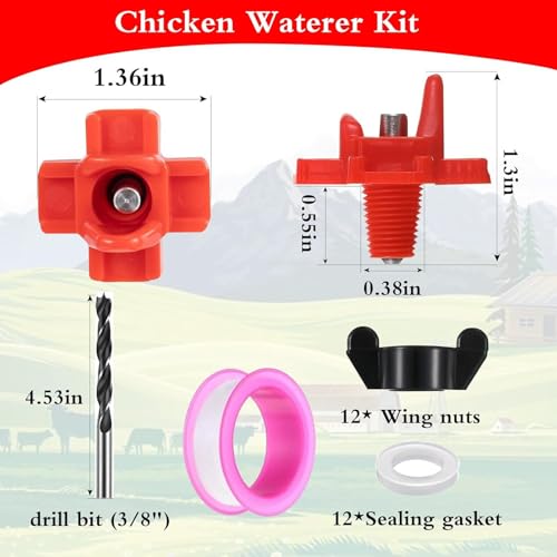 Zerodis Livestock Breeding Supplies Nipple Kits Automatic Poultry Nipples Sealing Watering System Horizontal Side Mount Livestock Supplies for Ducks Geese Hens Quails Farm Birds 12Pcs