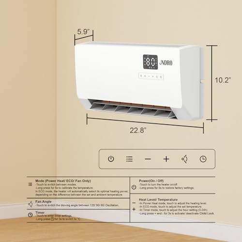 24-Inch Wall Mounted Electric Heater - 1500W Indoor Space Heater with LED Display, 3 Heat Settings, Oscillating Fan, Electric Heater for Bedroom Office Bathroom - size: 22.8" W