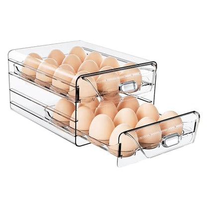 HIYOHIYO 2-Tier Clear 24 Grid Egg Container for Refrigerator, With Drawers | Large Capacity, with Time Scale Marking, Stackable, Sturdy Eggs Storage for Fridge and Countertop - size: 24 Grids-2 Layer