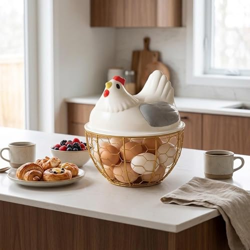 Chicken Egg Basket with Ergonomic Handles Farmhouse Storage Egg Collection Vegetable Fruit Organizer Metal Mesh Suitable for Home Decoration, Gray