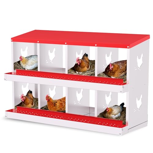 Chicken Nesting Box, 8 Compartment Chicken Nesting Box, Metal Chicken Laying Boxes with Perch, Metal Roll Away Eggs Laying Boxes, Versatile Wall Mount or Free Standing for Chickens - color: red, size: 8 holes