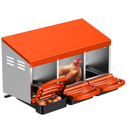 Chicken Nesting Boxes, Roll Away Laying Nest Box for Hens, Galvanized Steel with Removable Egg Drawer, Protects Eggs, Easy Egg Collection, for Chicken Coop, 3 Compartments - color: Orange-Red