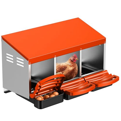 Chicken Nesting Boxes, Roll Away Laying Nest Box for Hens, Galvanized Steel with Removable Egg Drawer, Protects Eggs, Easy Egg Collection, for Chicken Coop, 3 Compartments - color: Orange-Red