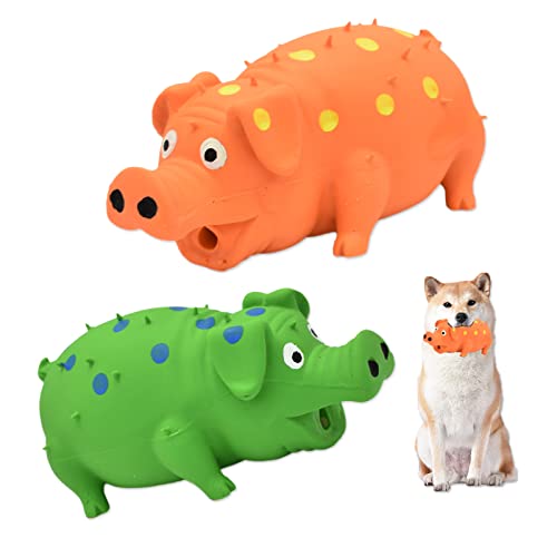 Pig Squeaky Dog Toy, 2 PCS Interactive Rubber Dog Chew Toy - Durable Latex Spot Grunting Pig Toys that Oink for Small Medium Large Dogs (Orange, Green) - color: Orange, Green
